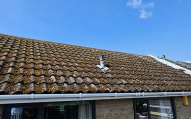 A bungalow roof thick with orange and green moss before cleaning