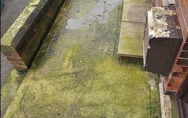 A small concrete patio covered in thick green algae before pressure washing