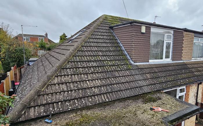 A large hipped roof covered in moss and lichen before cleaning