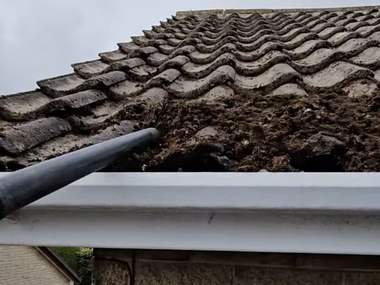 Moss cleared from a roof all the way down to the eaves
