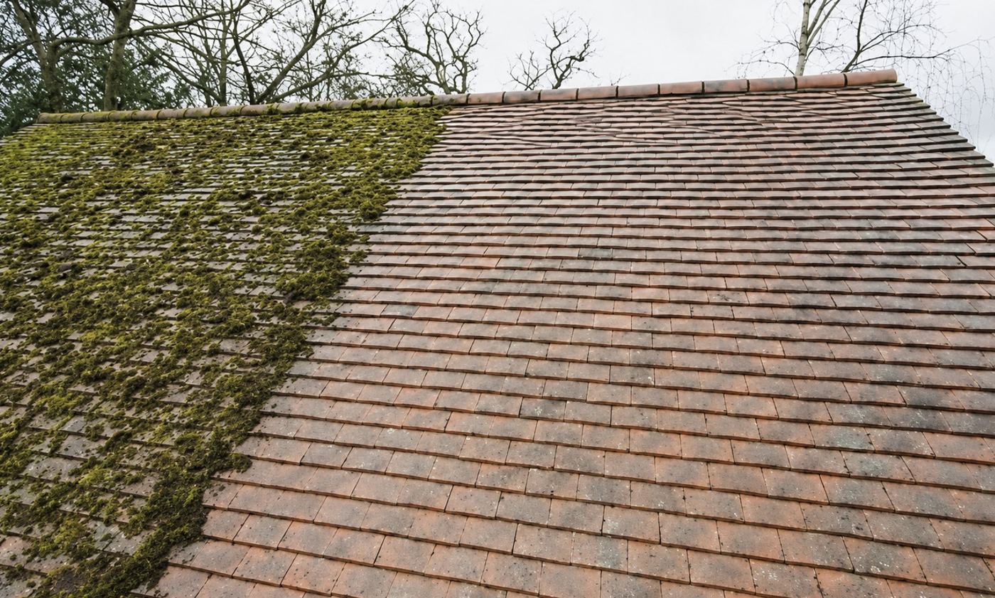 A red tiled roof half cleaned, showing moss on one side and clean tiles on the other